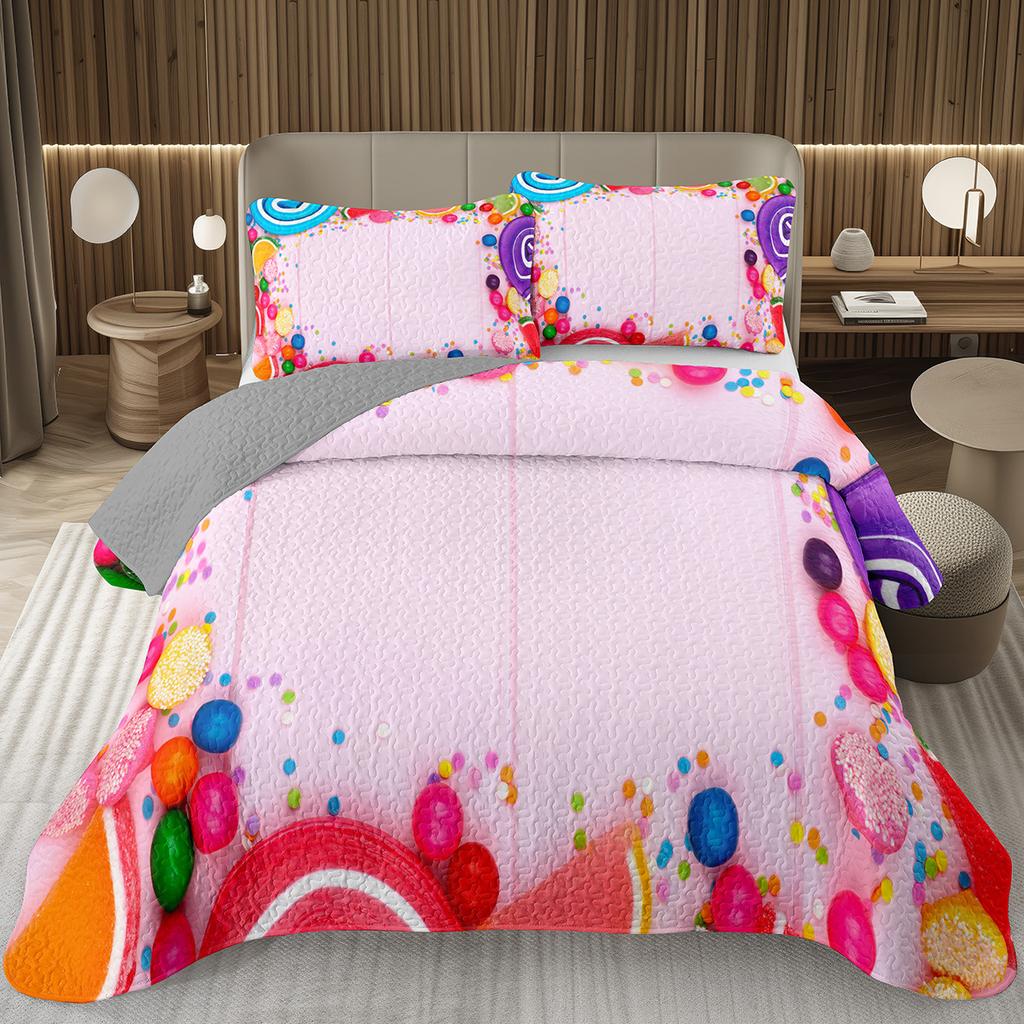 Сладкий Конфетный Комплект Квилтов для Девочек Мальчиков Подростков, Комплект Покрывал на Кровать на Тему Леденцов Кинг Десертное Стеганое Покрывало Мультяшный Стиль Покрывало на Кровать