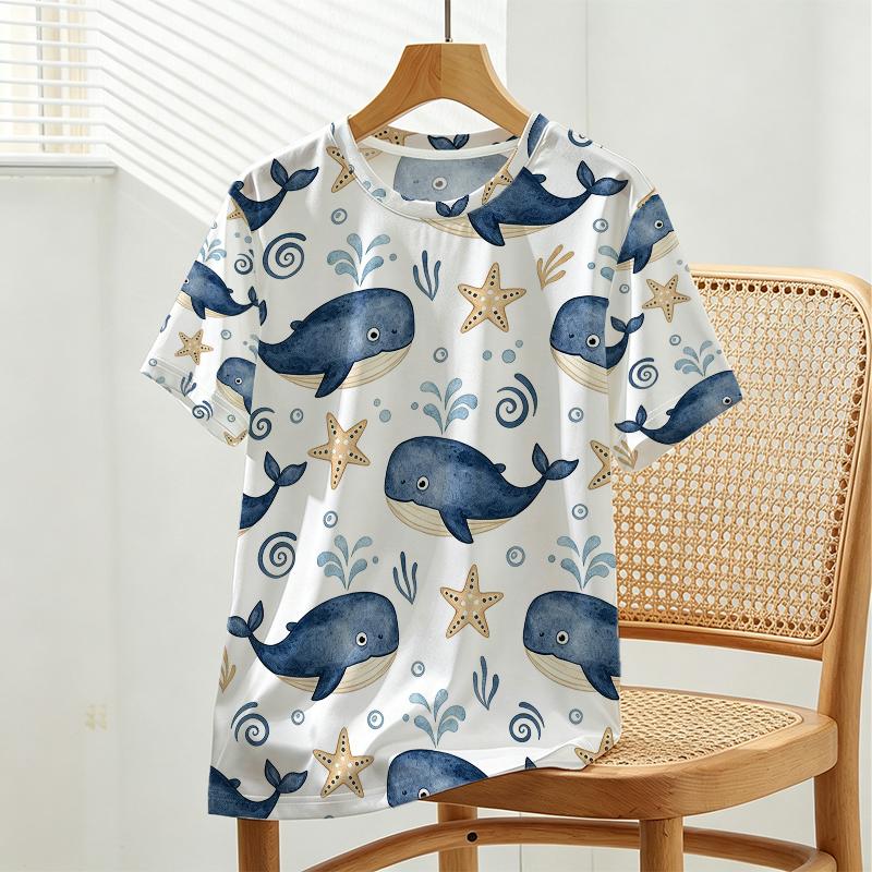 Casual Basic T-Shirt Marine Animals Collection Featuring Cute Whale & Starfish Prints,Soft Skin-friendly Tee for Daily Work & Commute