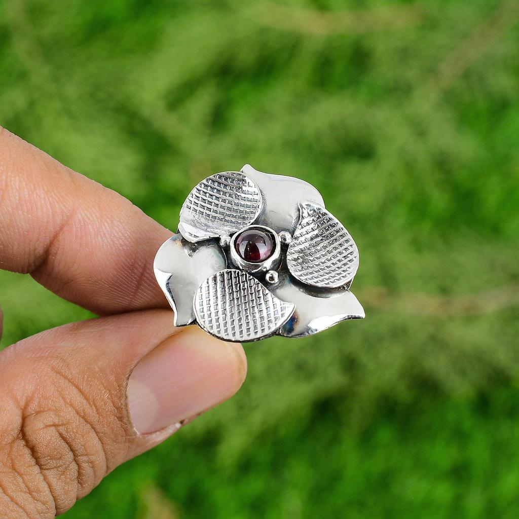 October Round Natural Tourmaline 925 Silver Solitaire Flower Bezel Mother Ring