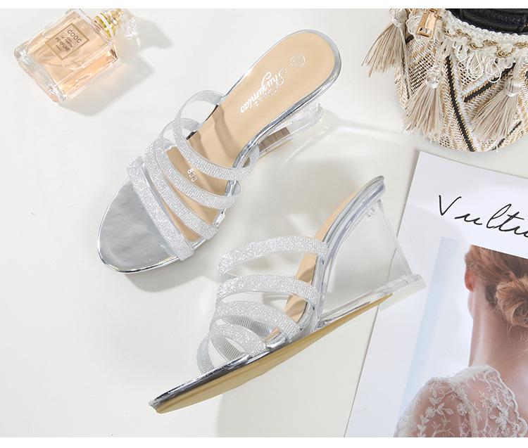 Женская летняя универсальная женская обувь на высоком каблуке со стразами, простые босоножки на наклонном каблуке, прозрачный каблук LFD