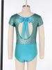 Girls Metallic Fish Scale Print Leotard Short Sleeve Bowknot Cutout Back Ballet Gymnastics Bodysuit
