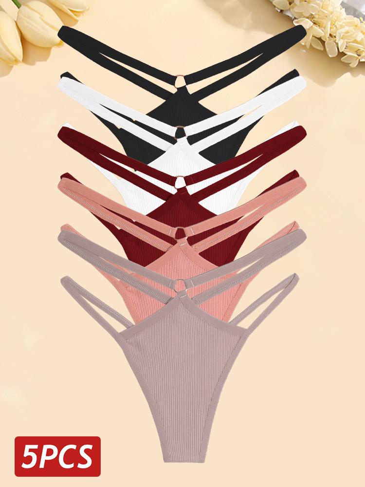 FINETOO 5 шт./компл. женские хлопковые трусики сексуальные ажурные стринги женское дышащее нижнее белье металлические кольца стринги нижнее белье эластичное с низкой посадкой