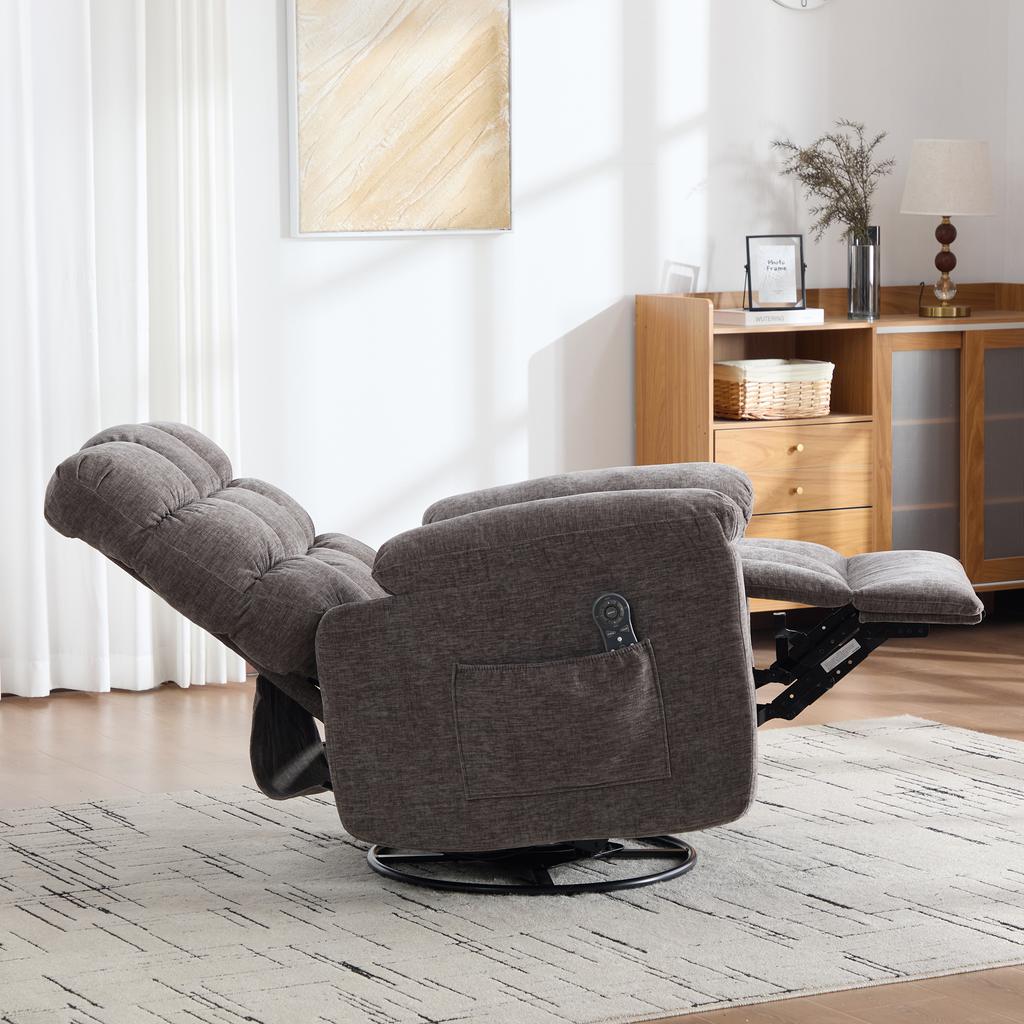 Electric 360 degrees Swivel Recliner with Massage and Heat Function, Manually Adjustable Backrest and Footrest as well as Side Storage Pockets..Gray
