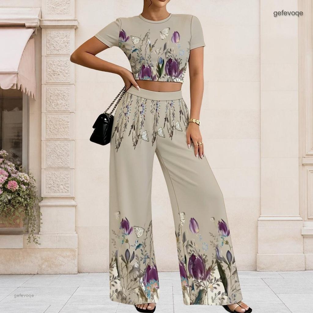 Women Plus Size Floral Printed Round Neck Short Sleeve Crop Top Wide Leg Pants Two Piece Set