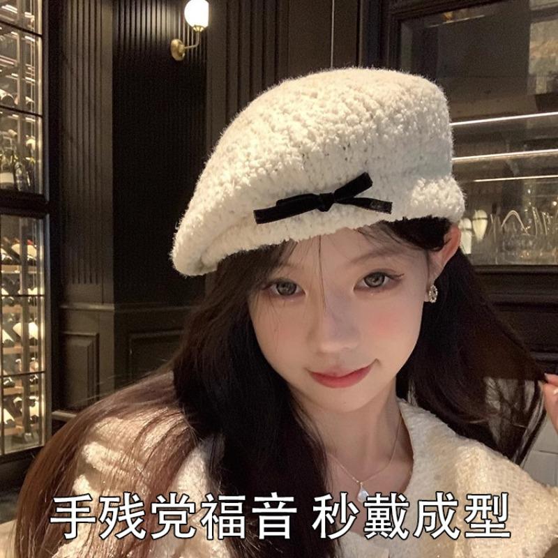 Плюшевый берет с бантом, женская осенне-зимняя новинка, шляпа художника, маленькая шляпка, подчеркивающая лицо