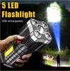 5LED Rechargeable High Power Flashlight with Side Light Waterproof Outdoor Spotlight with 4 Lighting Modes for Camping and Adventure