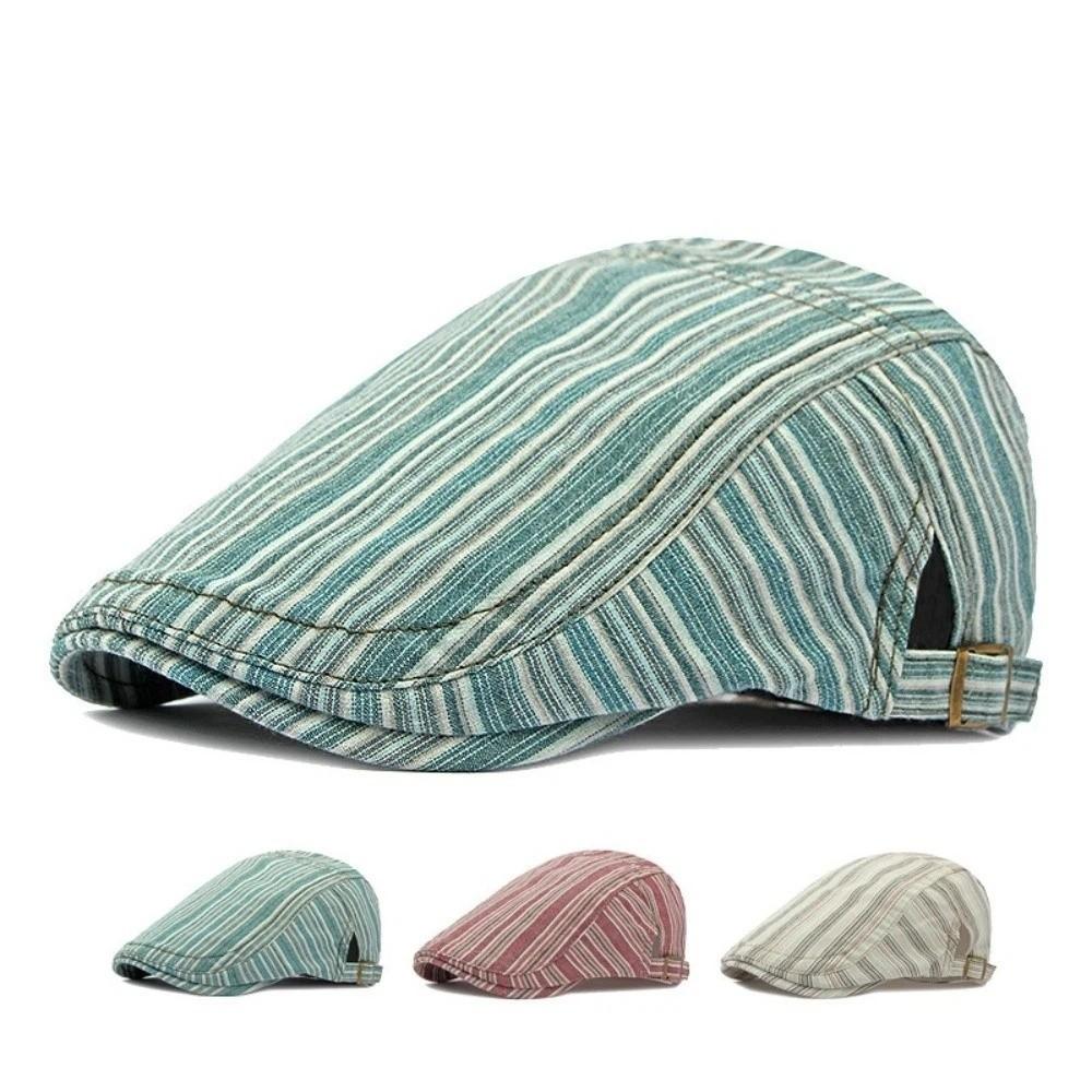 Cotton Striped Forward Hat Adjustable Flat Brim Cap Classic Newsboy Hat Women Men