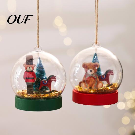 Christmas Tree Ornaments Crystal Ball Style Bear/Nutcracker Hanging Ornament, Transparent Spherical Gold Foil Embellishments Pendant with Miniature