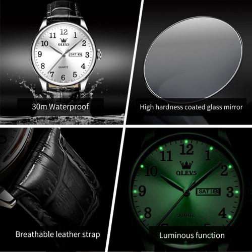 Мужские часы OLEVS, Простые и стильные, Водонепроницаемые, Аналоговые, Ремешок из черной кожи, Деловые часы, Легко читаемые, Отображение даты, Кварцевый механизм, Идеальные G