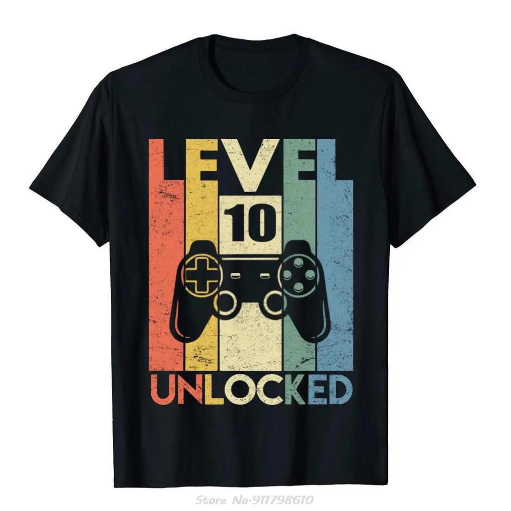 Level 10 Unlocked T-Shirt Funny Video Gamer 10th Birthday Gift Sweatshirt Tops Tees Cotton Men T Shirt Funny Casual Tshirt