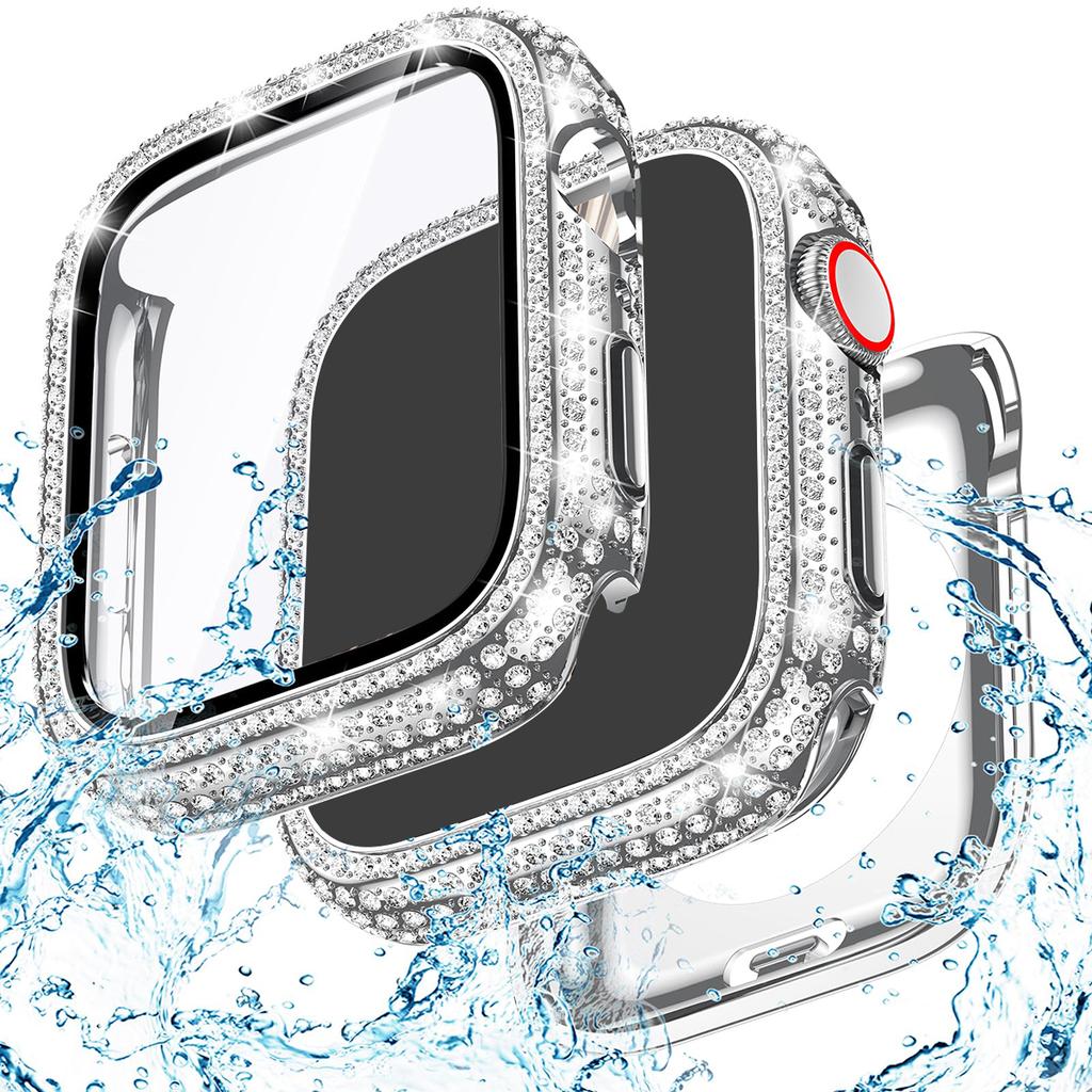 Стекло+Блестящий чехол для Apple Watch 44 45мм 41мм 40мм 42мм 44 мм Алмазный бампер+Защитная пленка для экрана iwatch series10 9 8 7 5 6 SE