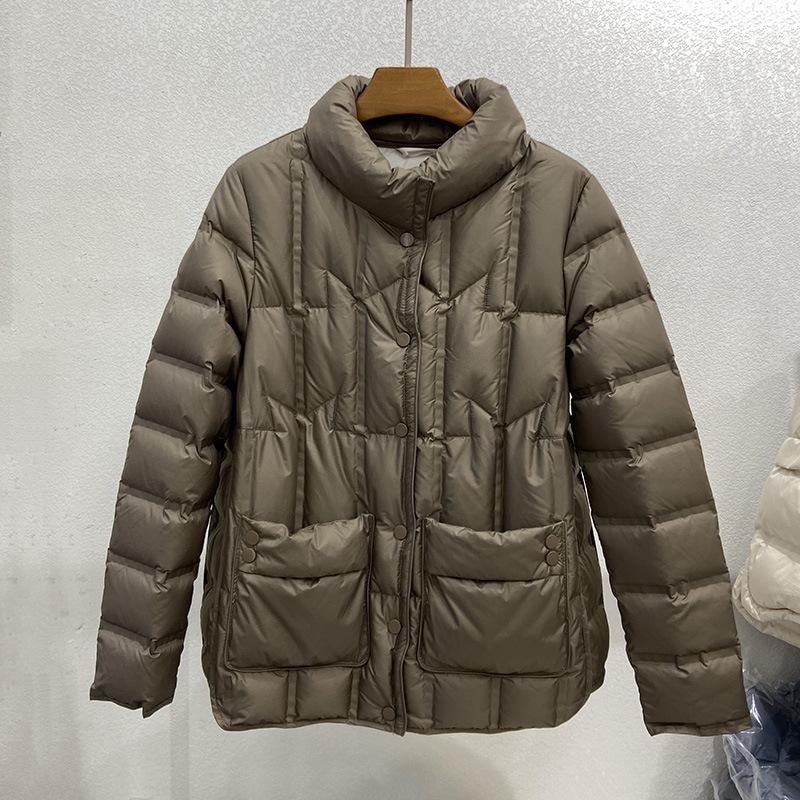 Women's Lightweight White Duck Down Short Jacket with Stand Collar