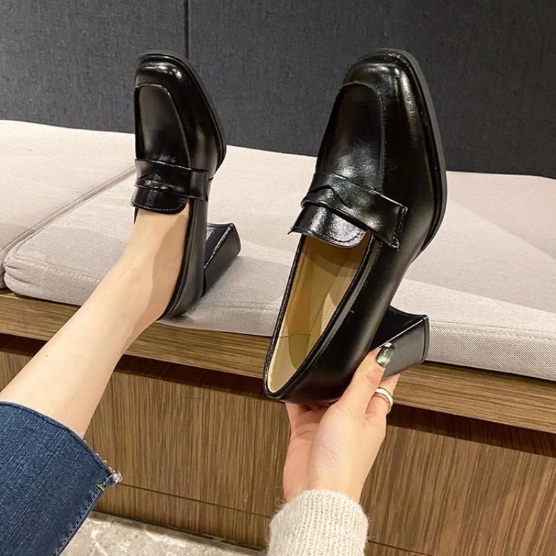 French Heels Women's Retro Square Toe Block Heel Temperament Single Shoes Slip-on Loafers