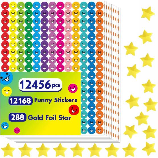 12456 PCS Funny Stickers, Mega Bundle Emotion Stickers in 14 Colors and 10 Designs Star with Stickers for Reward Behavior Chart (Each Measures