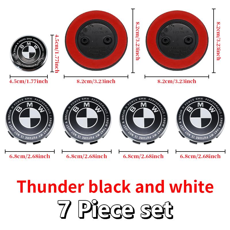 BBKR7 Car Thunder black white Logo Front Hood Emblem 82mm+Rear Badge 74mm+Wheel Hub Cap 68mm+56mm steering wheel sticker For All BMW