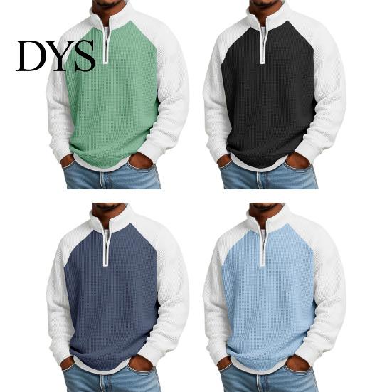 Breathable Outdoor Activewear Men Waffle Sweatshirt, Long Sleeve Quarter Zip Contrasting Color Mens Sweatshirt Casual Stand Collar Pullover Shirt for