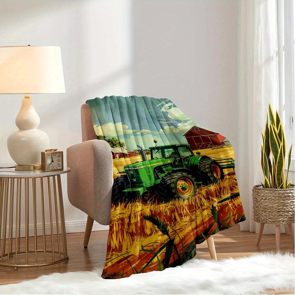 For Tractor,Farm,Harvest-Themed Flannel Blanket, Glam Style, Digital Print, All-Season Comfort, Tear-Resistant, Knitted Craftsmanship, Polye
