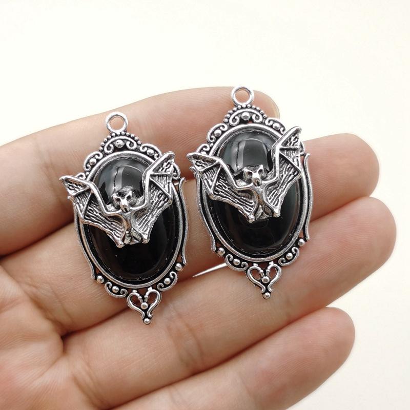 Gothic Vampire Bat Silver Frame Pendant - Halloween Jewelry Accessory