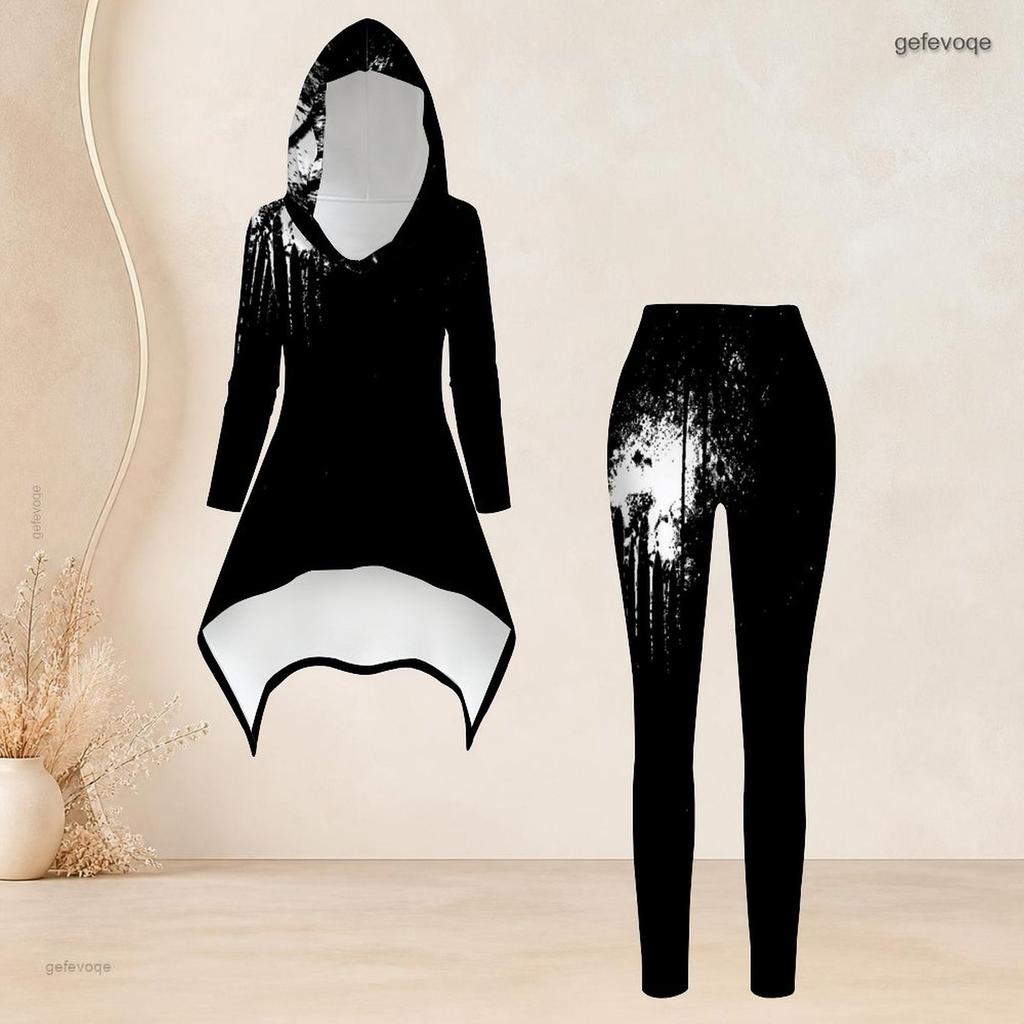 Women Plus Size Abstract Printed Hooded Long Sleeve High Low Top And Fitted Pants Two Piece Set