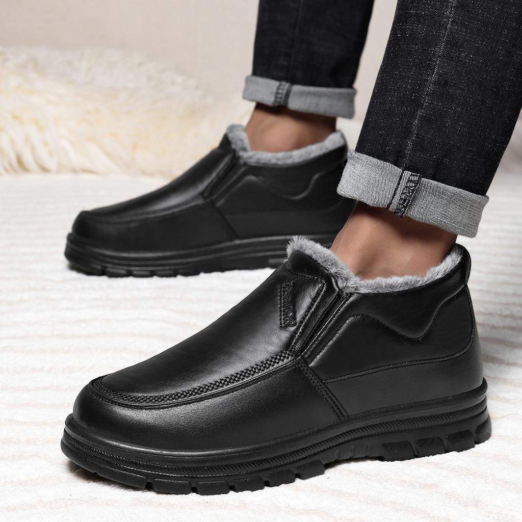 Зимние кожаные сноубутсы мужские нескользящие теплые средние повседневные большого размера легкая подошва удобные мужские ботинки