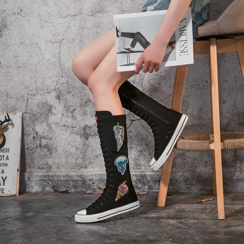 Весенне-осенние женские ботинки, парусиновые сапоги до середины икры, повседневная обувь с высоким берцем, длинные сапоги, удобные ботинки на плоской подошве со шнуровкой, размер 34-43