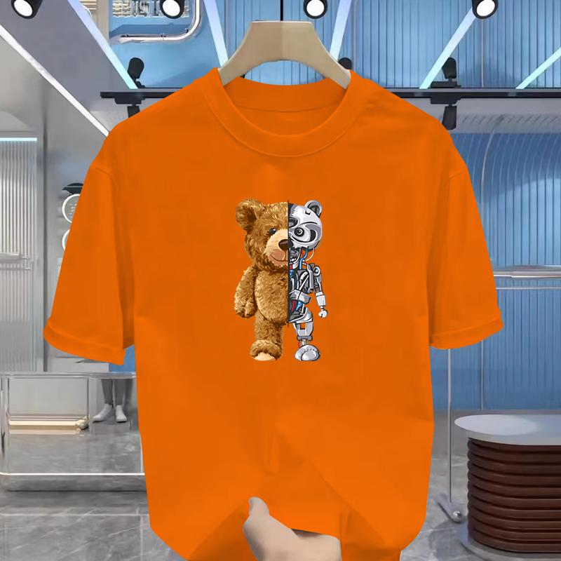 Hot 100% Cotton Casual Short Sleeve Robot Bear Men's Shirt Summer Breathable Clothes O Collar Short Sleeve for Men and Women