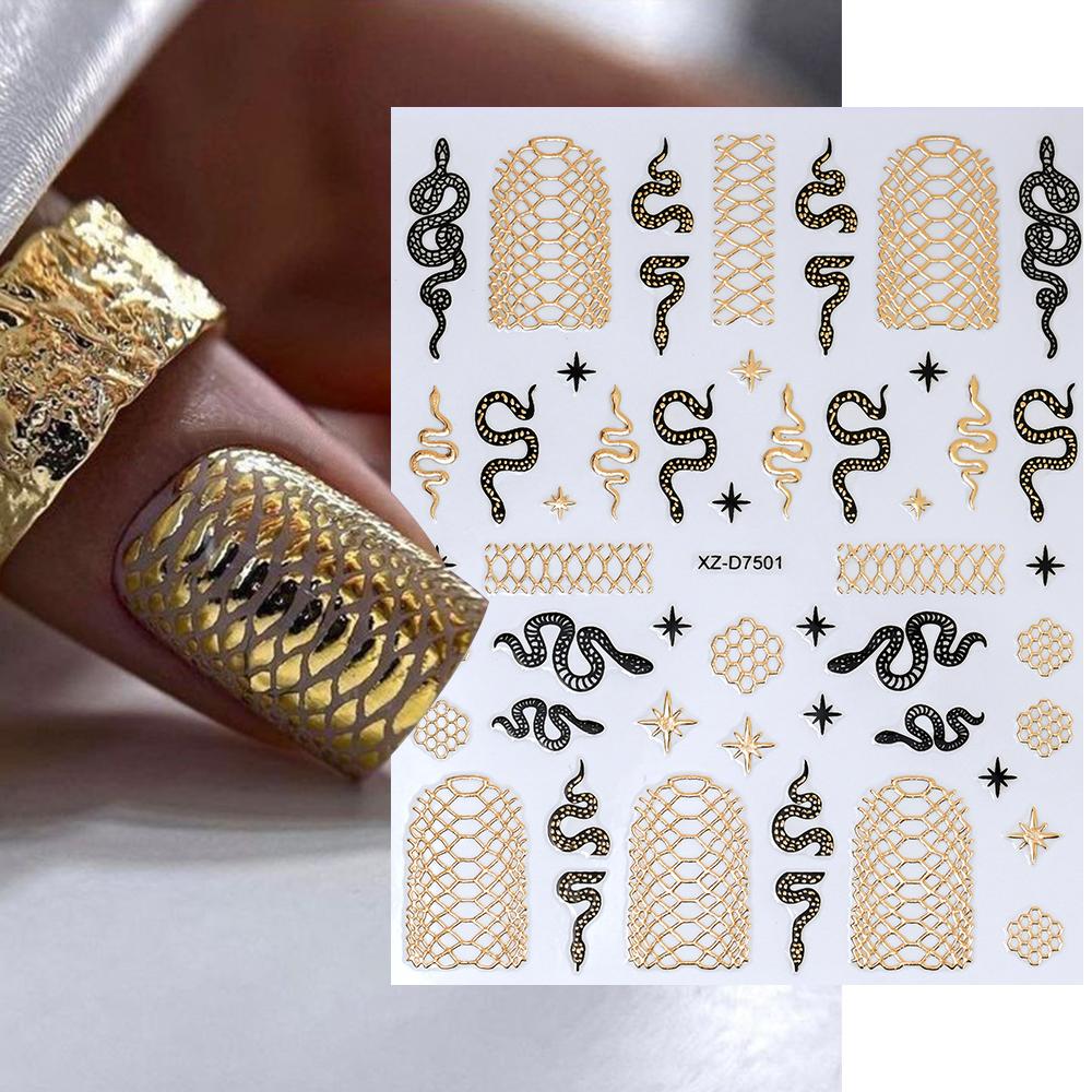 6/12pcs Brongzing Gold Black Snake Nail Stickers 5D Sexy Snake Print French Nail Decals 8*10cm Self-Adhesive Snake Manicure Diy