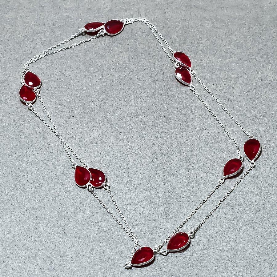 Lab Created Pink Rubellite Necklace 36" Chain Pear Cut Gemstone Handmade Jewelry