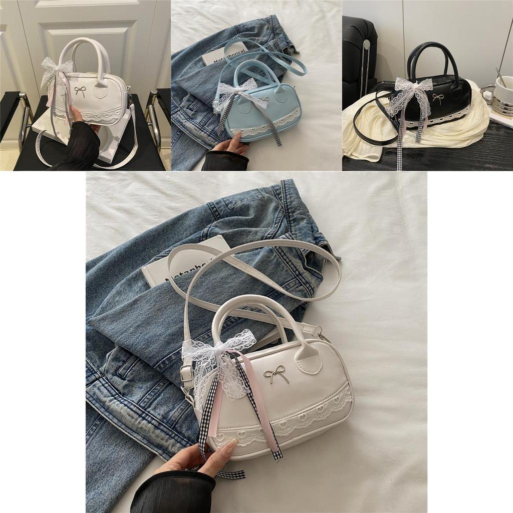 Simple Solid Color Silver Bow And Lace Decoration Women Casual Shoulder Bag For Daily Use