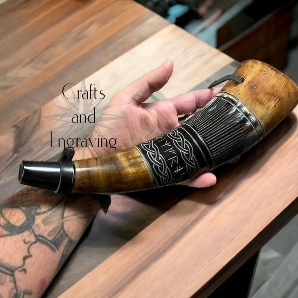 Средневековый БОЕВОЙ РОГ ВИКИНГОВ боевая труба Ручная гравировка Духовой рог 16 дюймов Подарок натуральный рог Горн Охотничий инструмент Подарок Декор