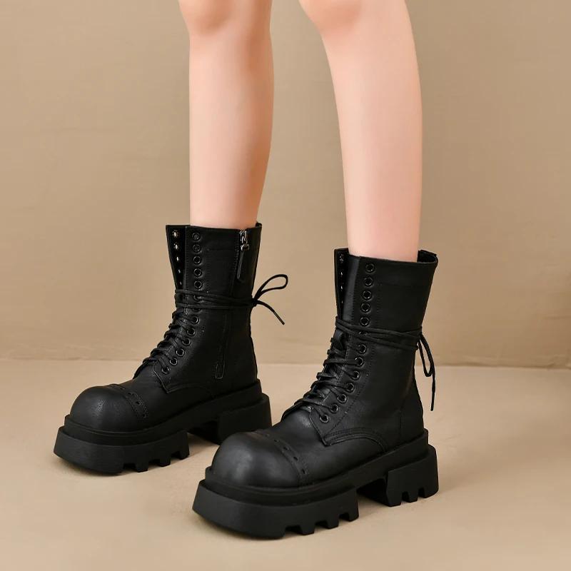 Женские мотоциклетные ботинки на платформе и до середины голени, дизайнерские зимние туфли на толстом каблуке, новые модные тенденции, женские ботинки для ходьбы