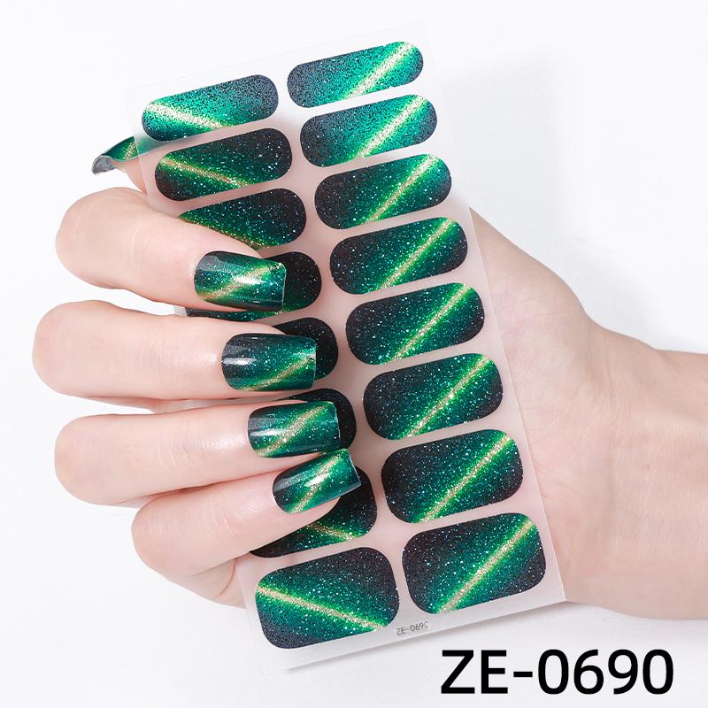 16Tips Glitter Cat Eye Full Cover Nail Sticker Gradient Nail Polish Strips Long-Lasting Self Adhesive Manicure Art DIY Decor