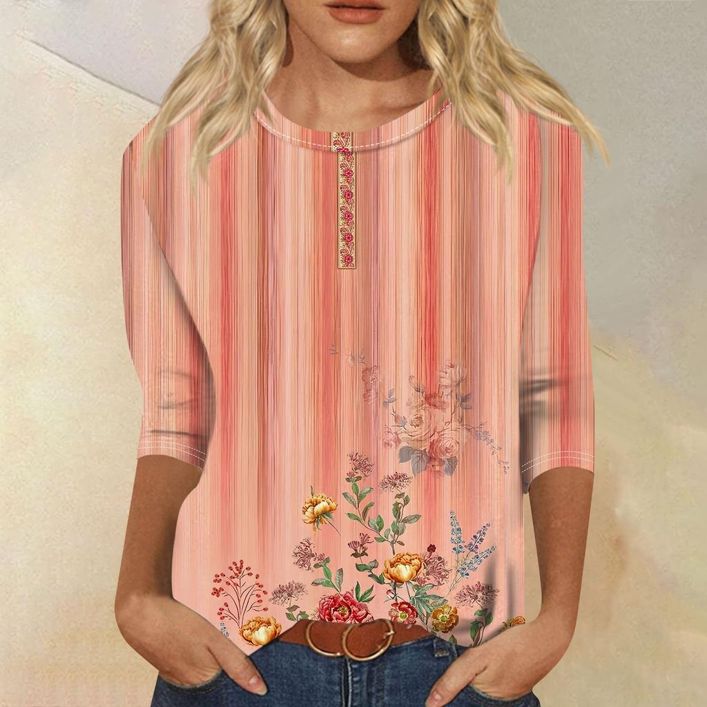 Женская мода, свободная рубашка с круглым вырезом и рукавом семь четвертей, винтажная повседневная футболка с цветочным принтом, топ