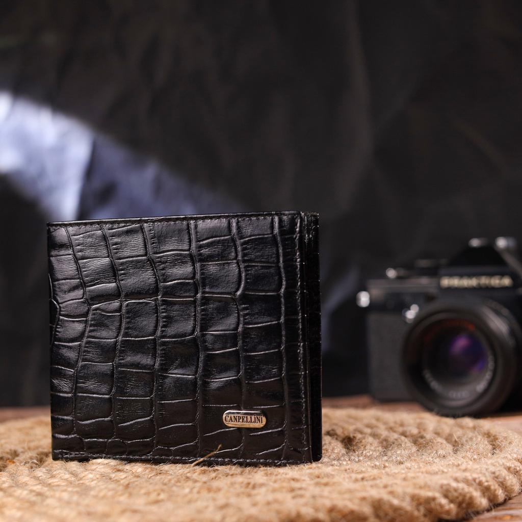 Оригинальный мужской кошелек в два сложения из натуральной фактурной кожи с тиснением под крокодила CANPELLINI Purse 21582 Черный