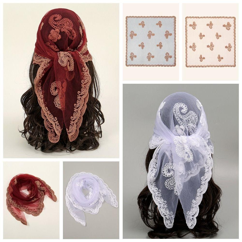 Hollow Out Foulard Bandana Embroidery Lace Handkerchiefs Elegant Hair Scarf Headband  Women