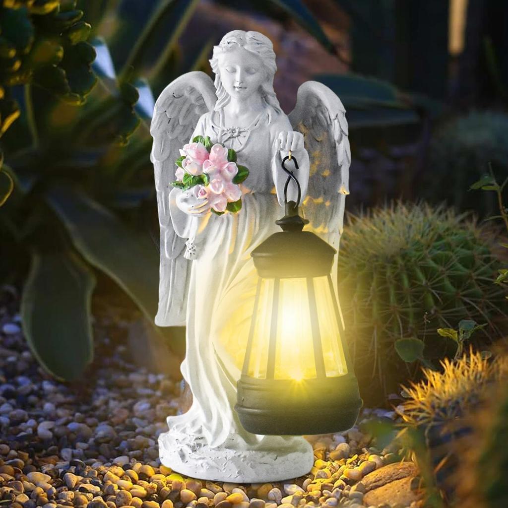 Outdoor Angels Statues with Solar Lantern Creative Angel Lantern Resin Angel Sculptures Garden Yard Decor Patio Ornament