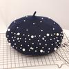 Women Beret Faux Pearl Rhinestone Decor Vintage English Style Woolen Hat No
