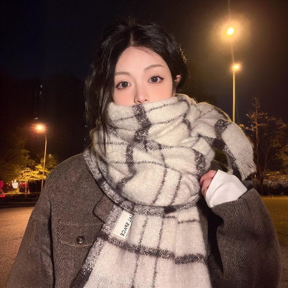 Длинный клетчатый вязаный шарф Теплая шаль с кисточками Корейский стиль Унисекс Утепленный шарф Зима