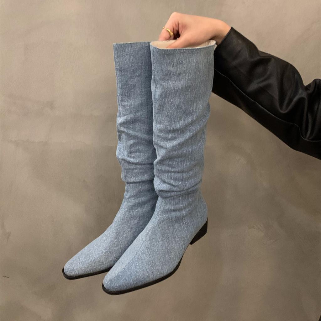 Модные высокие ботинки с острым носком женские на среднем каблуке замшевые массивные хлопковые туфли женские тренд 2024 готика челси ботфорты туфли-лодочки ботинки женские