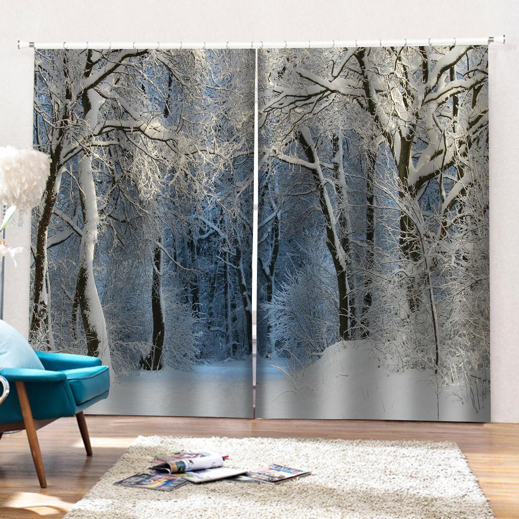 Seasonal Winter Snowy Forest Natural Landscape View 3D Scenery Christmas Curtains Living Room Rcortinas Para Salon