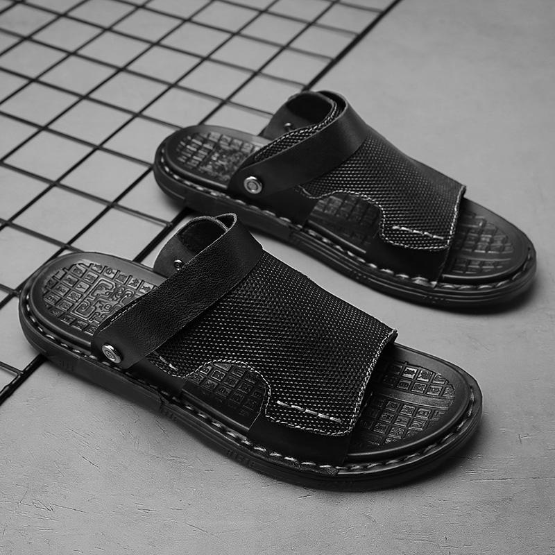 2024 Summer Men's Genuine Leather Black Sandals Non Slip and Wear Resistant Outdoor Beach Shoes Men's Dual Purpose Casual Shoes
