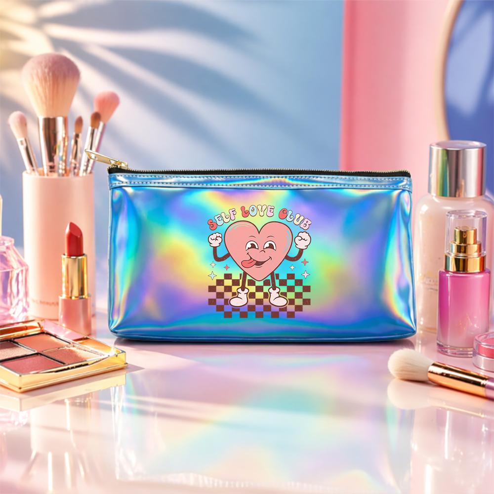 Retro Aesthetic Heart Print Laser Cosmetic Makeup Bag, Holographic Checkerboard Vanity Pouch, Portable Travel Toiletry Organizer for Beauty Gifts