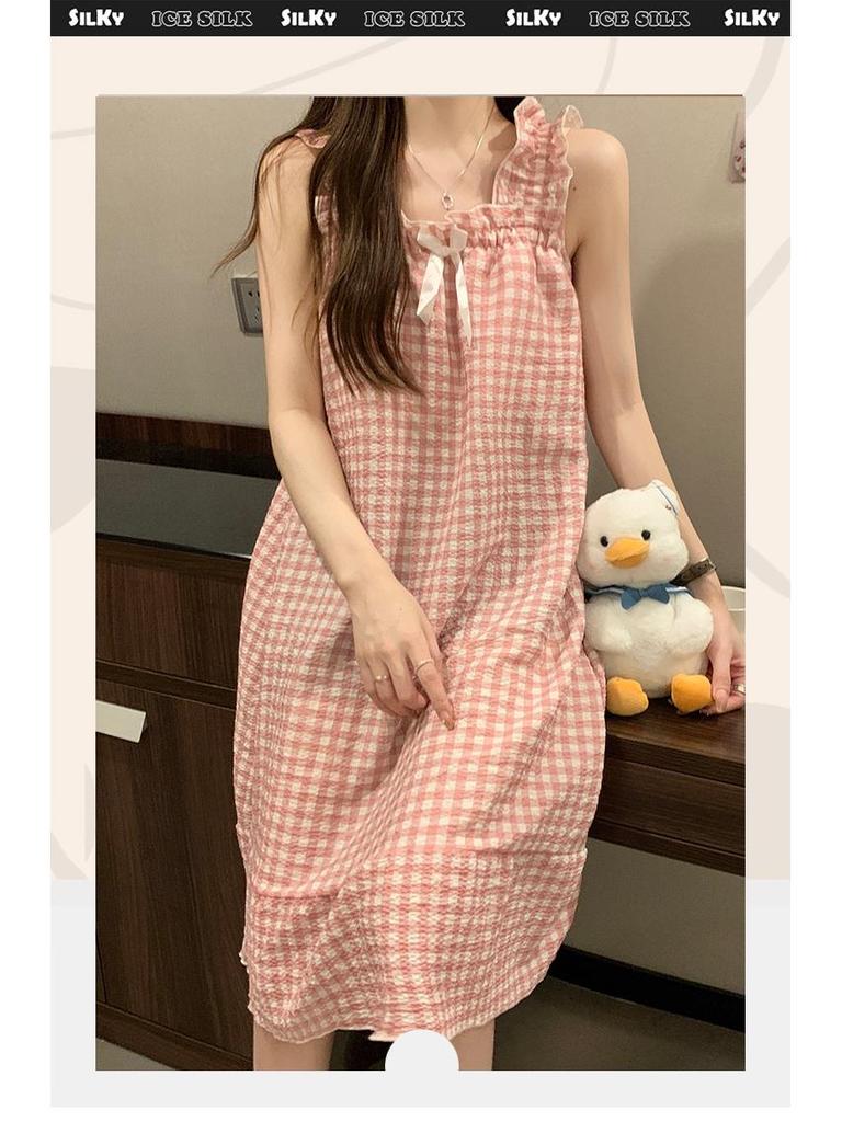 Женская летняя ночная рубашка из хлопка с пузырьками и подтяжками на груди — легкая, стильная домашняя одежда для дома и улицы