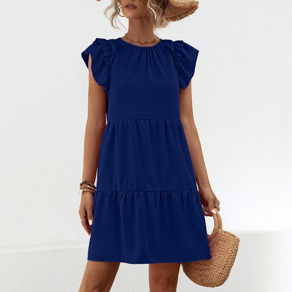 Женское повседневное модное сексуальное универсальное элегантное однотонное платье с круглым вырезом