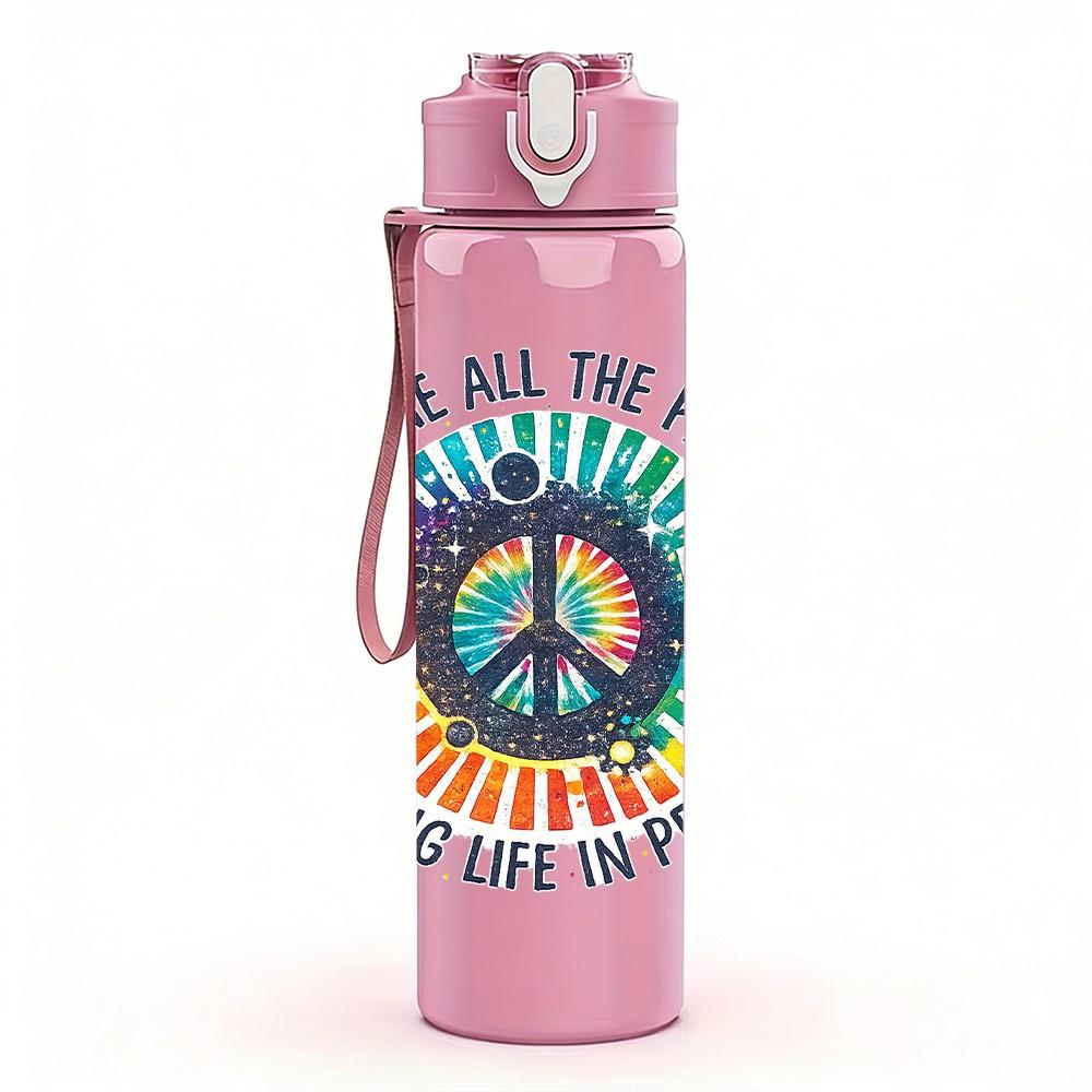 1PC Peace Rainbow Hippie Quote Print 750ml Color Plastic Sports Water Bottle Leakproof Flip Straw Lid Suitable for Sports Office Home Use
