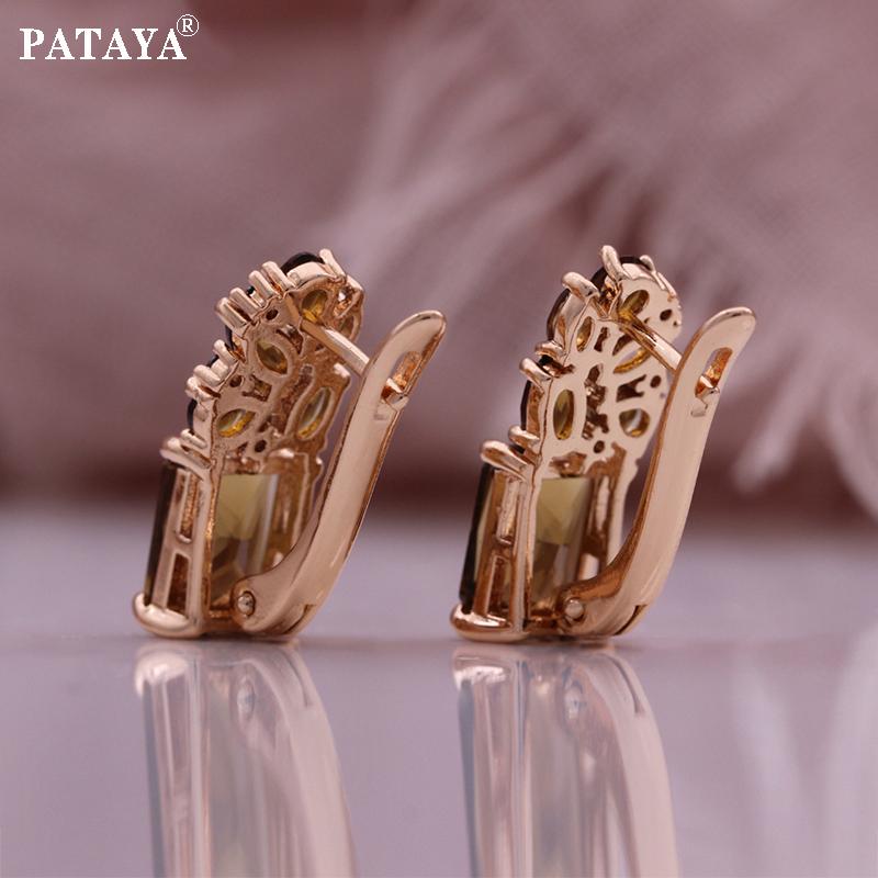 PATAYA Rose Gold Color Inlaid Camel-hued Color Artificial Zircon Earring Ring Combo Set
