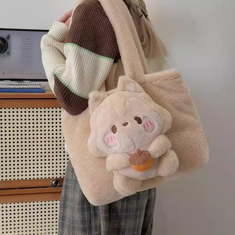 JIAERDI Adorable 3D Squirrel Handbag Women Cartoon Lolita Plush Shoulder Bag Ladies Large Capacity Lightweight Tote Bags Winter