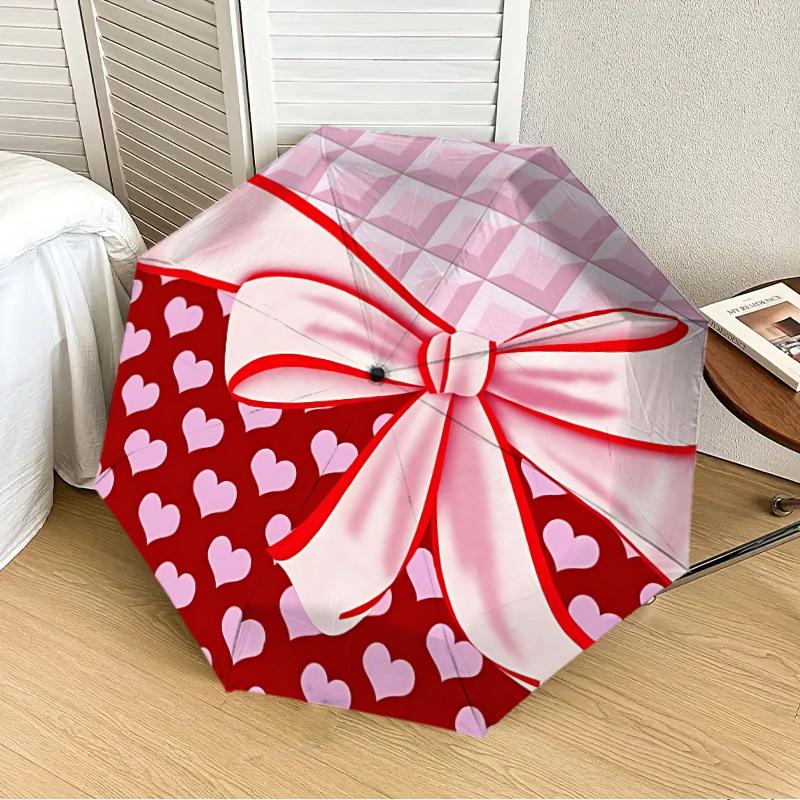 1pc Heart Print Bow Automatic Folding Umbrella, 8 Ribs Iron Frame, Suitable for Outdoor Travel and Daily Use yy251120215