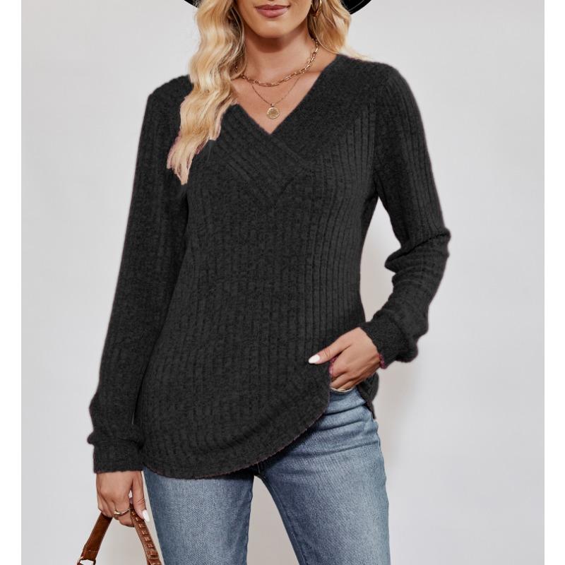 INDFS Женская мода Повседневный однотонный принт Весна Осень Длинные рукава V-образный вырез Пуловеры и длинные рукава