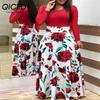 QICED Floral Print Patchwork Long Sleeve Bohemian Dress Women Spring Autumn O-Neck Big Swing Long Dresses